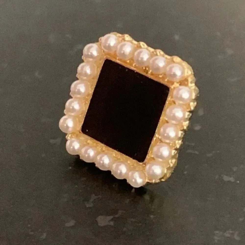 Onyx Black Square Studs with Faux Pearl Border